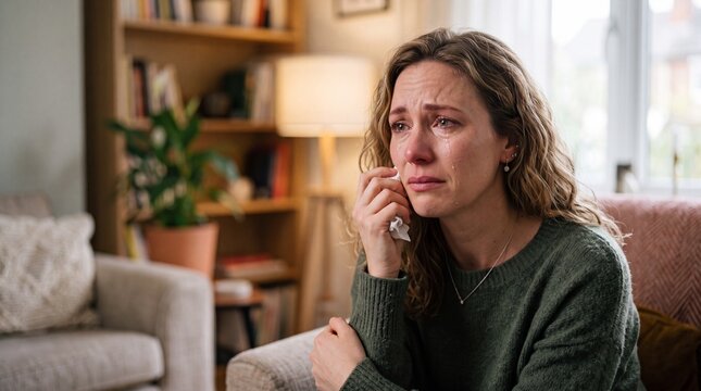 Heartbroken Young Woman Crying and Wiping Tears with Tissue While Sitting on Sofa at Home