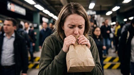 Fototapeta premium Young Woman Having Panic Attack Breathing into Paper Bag in Crowded Subway Station