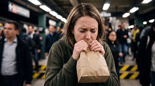 Young Woman Having Panic Attack Breathing into Paper Bag in Crowded Subway Station