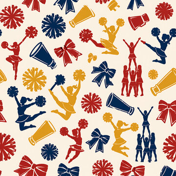 Seamless pattern of cheerleaders, pom-poms, megaphones, and bows on light background