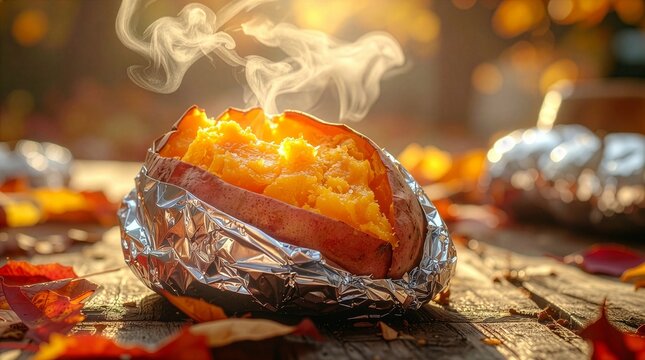 湯気を上げて大きく割れた焼き芋のクローズアップと秋の落ち葉
