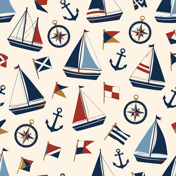 Seamless Nautical Pattern with Sailboats, Anchors, Compasses, and Flags
