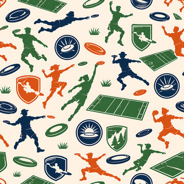 Colorful Ultimate Frisbee Players and Discs Seamless Pattern Background