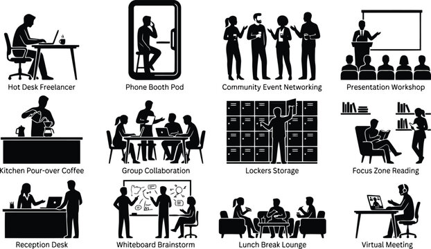 Twelve black and white silhouette showing modern office workplace activities, collaboration, remote work, and employee break time tasks