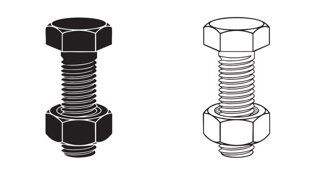 bolt and nut black silhouette with line art vector illustration