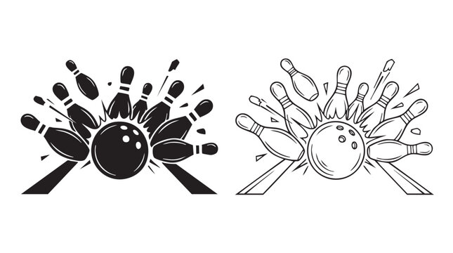 bowling ball striking pins black silhouette with line art vector