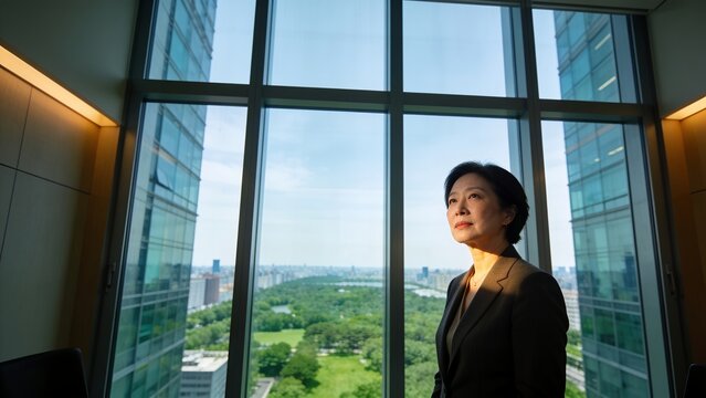 Professional businesswoman looking out window. Mature female executive leader