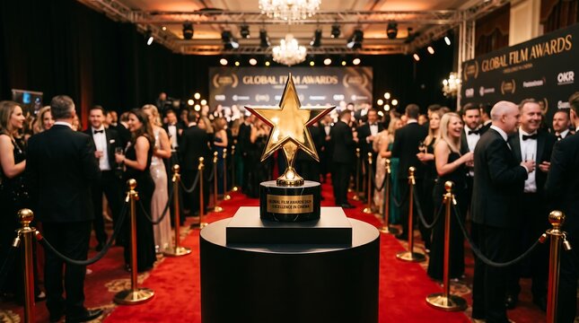 Crowd at red carpet awards ceremony with golden star trophy