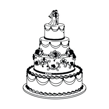 Elegant four-tiered wedding cake illustration with intricate decorations and a classic bride and groom topper, perfect for celebrations.