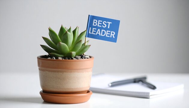 Succulent plant with Best Leader flag in pot on office desk