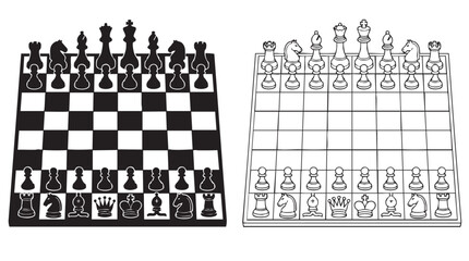 chess board with pieces black silhouette with line art vector © Shamsul