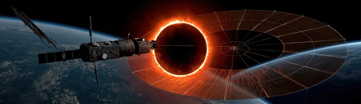 Massive realistic satellite in Earth orbit deploying golden reflective foil shield creating ring of fire eclipse effect for climate control.