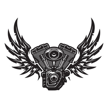 Vintage motorcycle engine with eagle wings illustration.