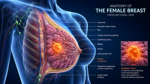 Medical illustration of female breast anatomy showing cross sectional view with mammary glands ducts nipple lymph nodes and tumor mass for health education and breast cancer awareness research study