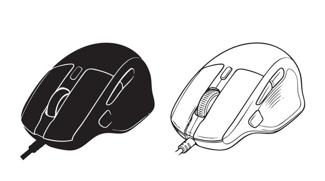 computer mouse black silhouette with line art vector illustration