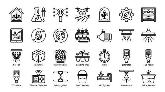 Indoor hydroponics and vertical farming automation line icons