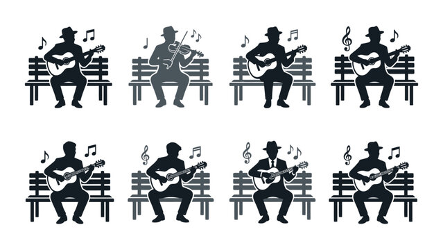 Musicians Playing Guitar and Violin Sitting on Bench, Silhouette Vector Icons