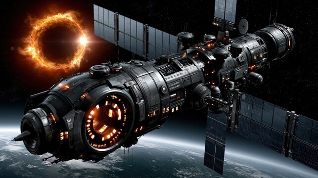 Massive realistic satellite in Earth orbit deploying golden reflective foil shield creating ring of fire eclipse effect for climate control.