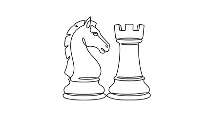 Continuous line drawing of chess knight and rook on white background © Lancar