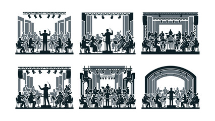 Symphony Orchestra Performance Set: Conductor and Musicians on Stage © ibnu