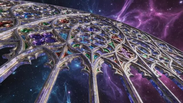 Gothic style stained glass window with a mesmerizing cosmic space and galaxy background, fantasy art