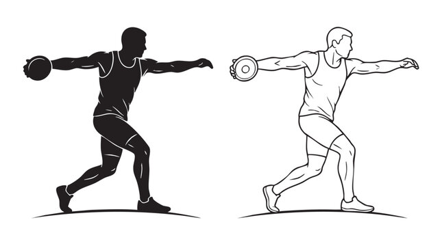 discus thrower black silhouette with line art vector illustration