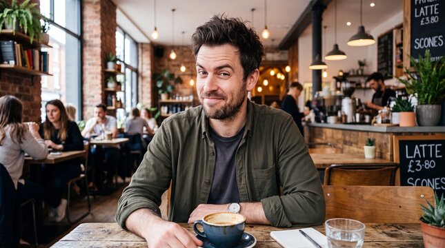 Handsome Caucasian Man Smiling at Camera in Cozy Modern Coffee Shop with Latte and Notebook