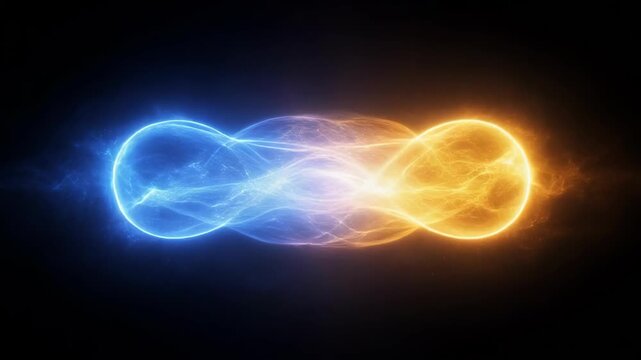 Abstract glowing blue and orange energy spheres connected in infinity shape