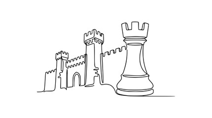 Chess Rook and Castle Silhouette: Strategy, Game, Medieval, Fantasy, Minimalist Line Art © Lancar