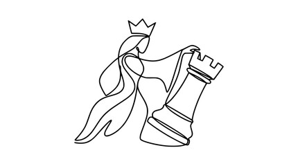 One Line Drawing Queen and Rook Chess Pieces, Strategy and Game Concept © Lancar