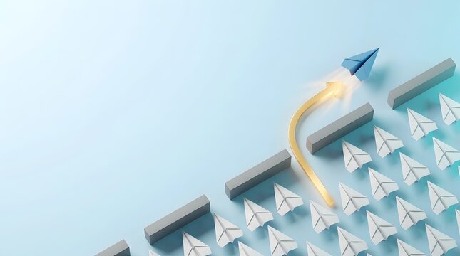 Leadership concept with blue paper plane flying over barrier while others are blocked symbolizing innovation and business strategy