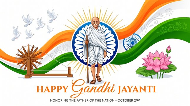 Happy Gandhi Jayanti celebration banner with Mahatma Gandhi illustration, wooden charkha, pink lotus flower, flying peace doves, and Indian tricolor flag wavy background.
