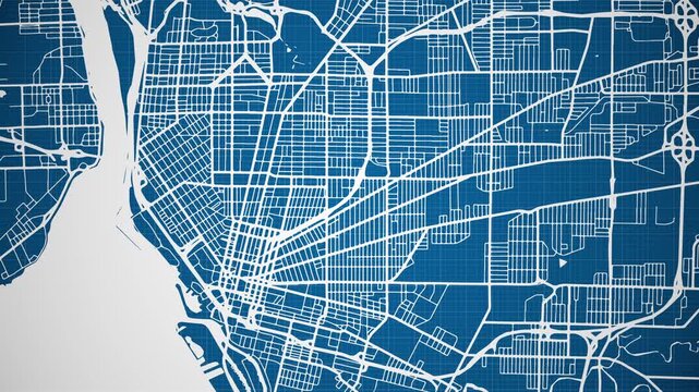 Ink reveal animation of Buffalo city, New York (NE), United States of America, grid map. Aerial top view. Blueprint style. White lines with blue background. 4K Seamless loop.