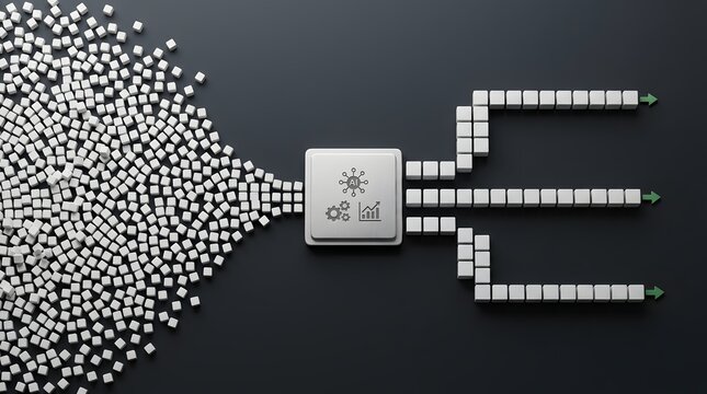 Artificial intelligence data processing concept sorting a chaotic mass of cubes into structured directional streams representing machine learning algorithms