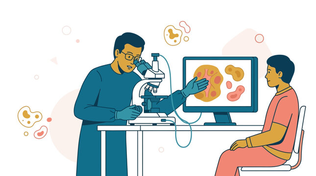 Scientist Analyzes Tissue Sample Under Microscope, Discusses Results on Computer Screen with Patient