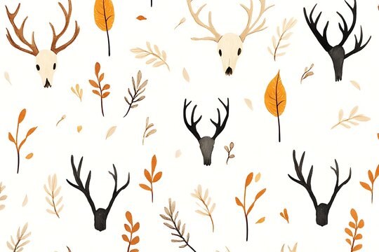 Autumnal deer skulls and leaves pattern