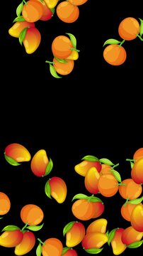 Falling Cartoon Mangoes and Oranges Animation on Black Background