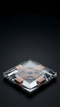 Quantum Diamond Magnetometer Sensor with Rose Gold Micro Circuit Grid on Black Background Vertical Copy Space Mockup