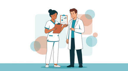 Fototapeta premium Diverse healthcare professionals discuss medical chart with graphs, representing collaboration and patient care.