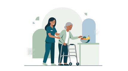 Fototapeta premium Caring nurse assists elderly patient with walker in healthcare setting, vector illustration promoting support and well-being.