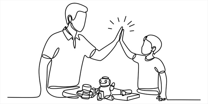 Father and son high five with a robot toy continuous line art drawing