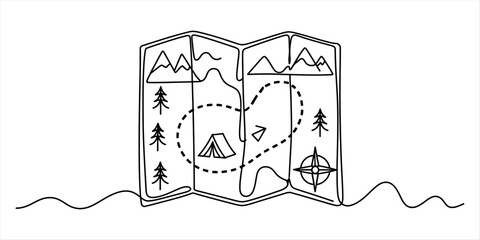 Continuous line drawing of a folded paper map with camping symbols showing mountains trees a tent and a compass for outdoor hiking and adventure travel © Ratna Art_Gallery