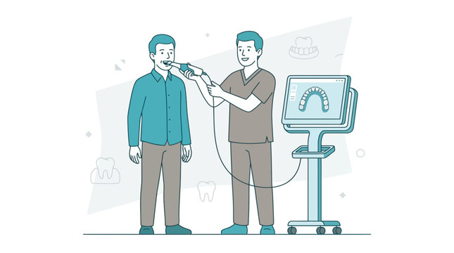 Dentist uses digital scanner for patient's teeth examination, displaying 3D scan on monitor. Modern dental technology.