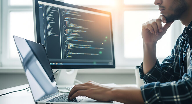 A person working on a laptop with a large monitor displaying code in a bright office setting, focused on software development.