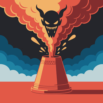 Cartoon devil head emerging from smoke.