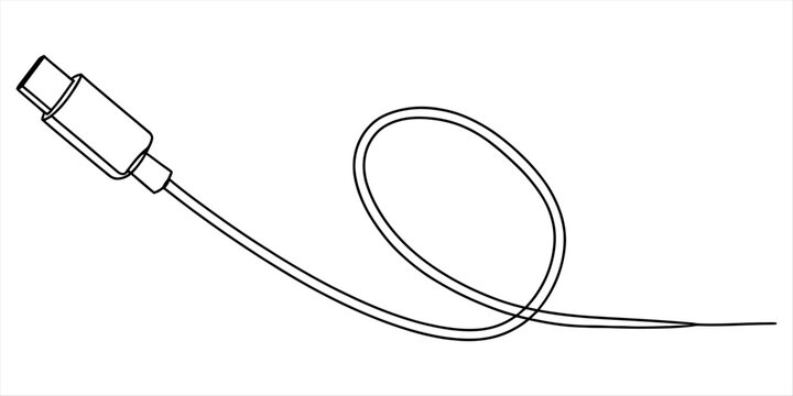 Black and white line art illustration of a usb type c charging cable connector wire for modern electronic devices and smartphone power accessories
