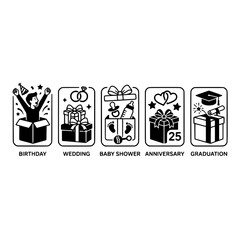 Obraz premium Celebration Icons: Birthday, Wedding, Baby Shower, Anniversary, Graduation Gifts
