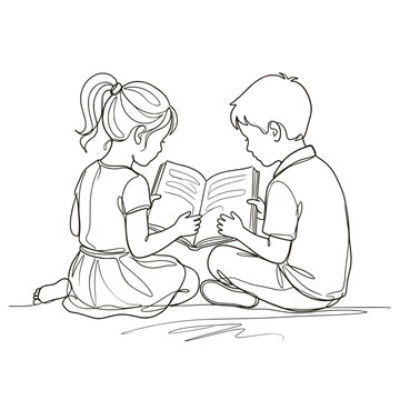 Children reading a book together, line art illustration