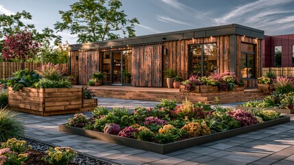 Obraz premium Elegant Sustainable Container Home Surrounded by Lush Gardens and Weathered Wood Elements