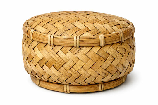 Traditional Indonesian Woven Bamboo Basket, Handcraft Bakul Isolated on White Background